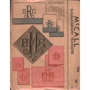 May include: Vintage McCall's Kaumagraph Transfer pattern for monogramming initials. The design features various monogram examples in different sizes and shapes, including squares and a diamond. The pattern includes text that reads "Initials for Monogramming".