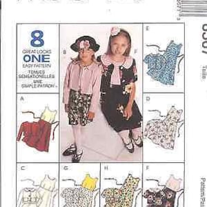 May include: A sewing pattern for a girl's dress with eight different looks. The pattern includes a dress with a skirt, a top, and a jacket. The pattern is for sizes 7-14.