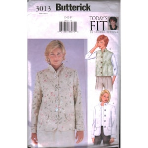 May include: Butterick sewing pattern 3013, featuring a woman in a floral jacket and skirt. The pattern includes designs for a jacket and vest. The text "TODAY'S FIT" is visible, along with the designer's name, Sandra Betzina.