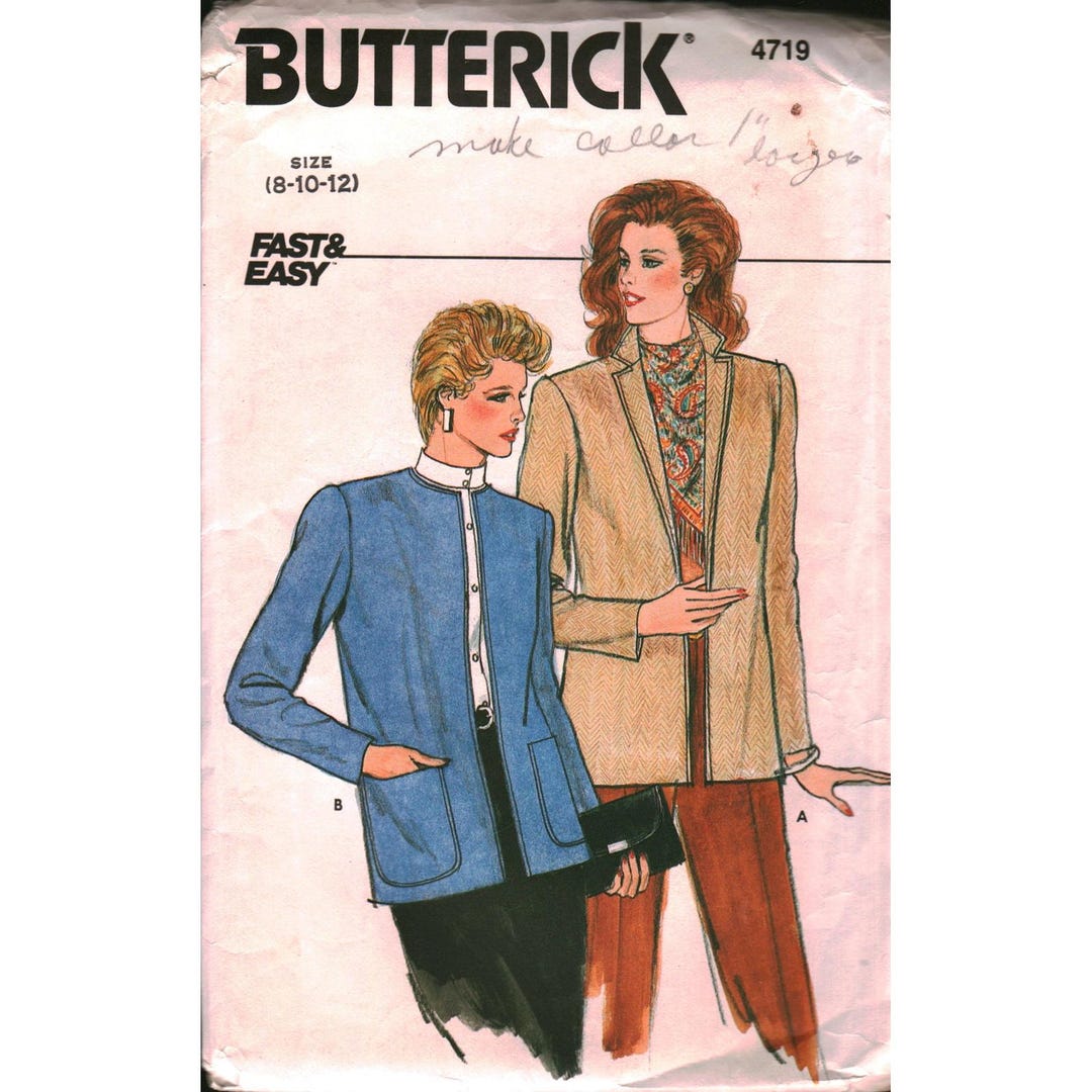Butterick 4719 Vintage 80s Misses Jacket Sewing Pattern Size 8 10 12 ...