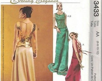 May include: McCall's Evening Elegance sewing pattern for a long evening gown with a low back and a fitted bodice. The pattern includes two different styles, one with a gold sequined bodice and a flowing skirt, and the other with a red bodice and a flowing skirt. The pattern is for sizes 6-8-10-12.
