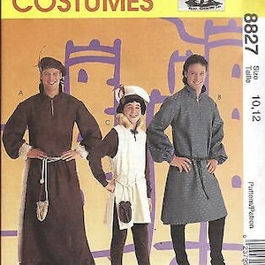 May include: McCall's Costumes pattern featuring medieval-style outfits. The image shows three individuals in different costumes, including long robes, tunics, and hats. The pattern size is 10, 12.