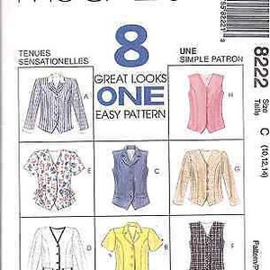Könnte beinhalten: Ein Schnittmuster für eine Weste und eine Bluse. Das Schnittmuster heißt "Great Looks One Easy Pattern" und ist für die Größen 10, 12 und 14. Das Schnittmuster enthält Anleitungen zum Nähen einer gestreiften Weste, einer Weste mit Blumendruck, einer blauen Weste, einer cremefarbenen Weste, einer gelben Weste und einer karierten Weste.
