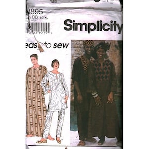 May include: Simplicity sewing pattern featuring designs for traditional African-inspired clothing. The pattern includes illustrations of various outfits, including long robes and matching sets, with detailed design elements and patterns.