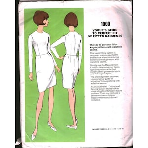 May include: A sewing pattern envelope labeled 1000 Vogue's Guide to Perfect Fit of Fitted Garments. The front features illustrations of a long-sleeved dress from front and back views on a green background, with text detailing fitting instructions.