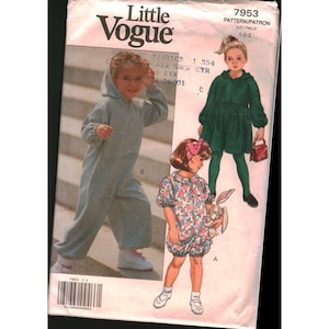 May include: A vintage sewing pattern titled "Little Vogue" featuring illustrations of children's clothing. The pattern includes a hooded jumpsuit, a green dress, and a floral romper. The pattern number is 7953, and the size is 1-2-3.