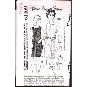 May include: A Spadea Designer Pattern 61109 for a dress and jacket ensemble by Joset Walker. The illustration shows a sleeveless dress with vertical paneling and a matching jacket with three-quarter sleeves. Text includes A SIZE 10 and 61109.