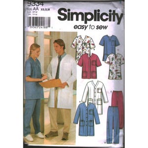 May include: Simplicity sewing pattern 9334 featuring medical scrubs and lab coats. The pattern includes various styles of tops, pants, and a long white lab coat. The image shows examples of the finished garments in different colors and prints.