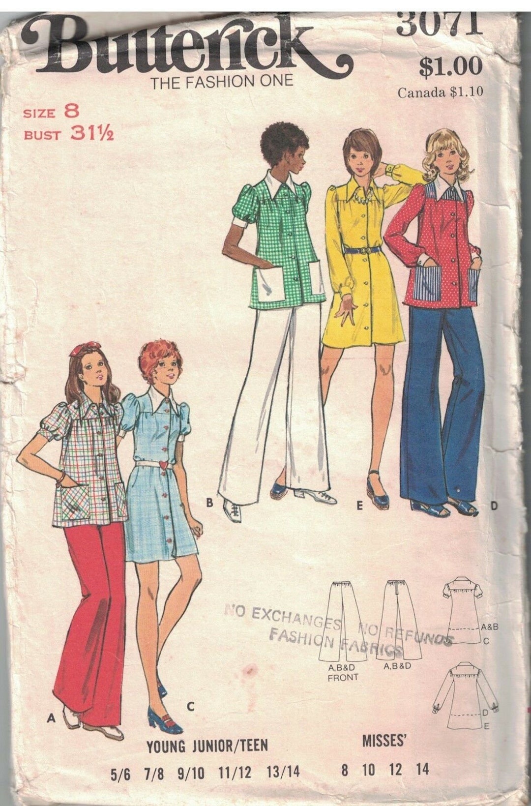 3071 Vintage Butterick Sewing Pattern Misses Dress Smock Pants 1970s ...