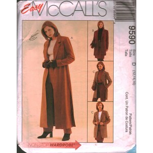 May include: McCall's sewing pattern for a long coat and pants ensemble. The pattern features a woman wearing a brown coat and pants. The text "NON-STOP WARDROBE" is visible.