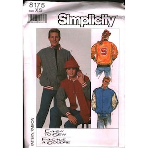 May include: Simplicity sewing pattern 8175, size XS, featuring varsity jackets. The pattern includes images of the jackets in gray, red, and blue with white and red striped cuffs and collars. The text "E-A-S-Y TO SEW" is visible.