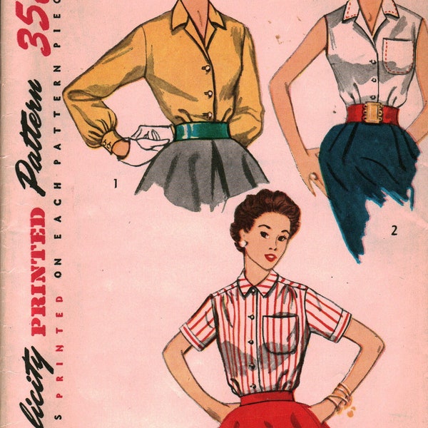 4256 Vintage Simplicity Sewing Pattern Misses 1950's Buttoned Front Blouse 16 OOP