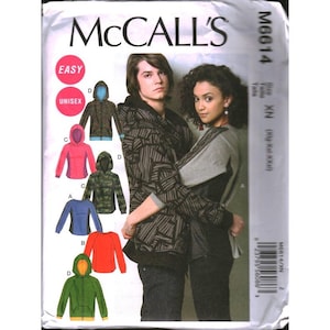 Könnte beinhalten: McCall's M6614 Schnittmusterumschlag für Unisex-Kapuzenpullover. Die Vorderseite zeigt Illustrationen verschiedener Kapuzenpullover-Stile in Farben wie Pink, Blau, Orange, Grün und Camouflage sowie ein Foto von zwei Personen mit Kapuzenpullovern.