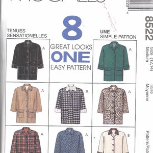 May include: A sewing pattern for eight different jackets. The pattern is called "Great Looks One Easy Pattern" and is for sizes 12-14. The jackets are shown in a variety of colors and patterns, including black, green, brown, plaid, and leopard print.