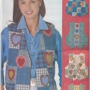 May include: A sewing pattern for a vest with a patchwork design featuring hearts. The pattern includes three different styles of vests, all with a patchwork design featuring hearts. The pattern is from Butterick and is size 5330.