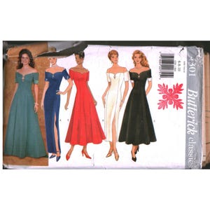 Peut inclure: Un patron de couture vintage présentant des illustrations de robes de soirée à épaules dénudées de différentes couleurs : vert d'eau, bleu marine, rouge, blanc et noir. Le patron est étiqueté "Butterick classics" et comprend une gamme de tailles 6-8-10.