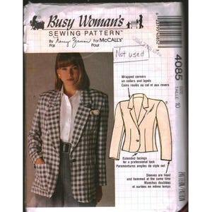 May include: A Busy Woman's Sewing Pattern by Nancy Zieman for McCall's, number 4085, size 10. The package features a photograph of a blazer with a black and white checkered pattern, alongside a technical line drawing of the blazer design.
