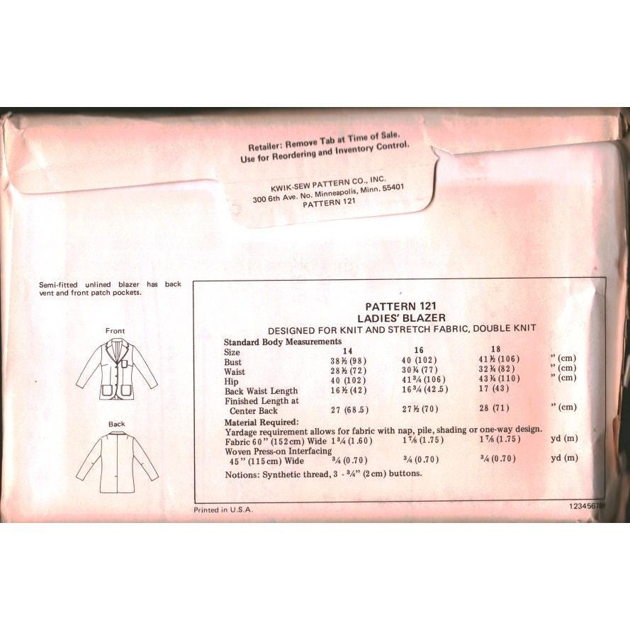 Vintage Kwik Sew 121 Blazer Sewing Pattern Kerstin Martensson Size 14 ...