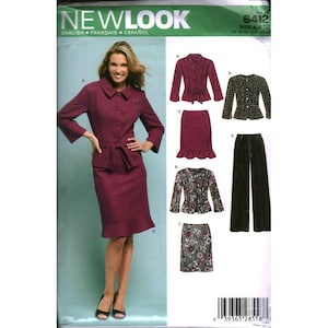 May include: New Look 6412 sewing pattern envelope featuring illustrations of a jacket, skirt, and trousers. The front shows a model wearing a magenta jacket with a tie waist and a matching knee-length skirt with a ruffled hemline.