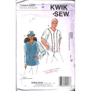 May include: Kwik-Sew pattern 2221 for a button-front baseball jersey with short sleeves and striped detailing. The envelope features illustrations of two individuals wearing the jersey, with chest sizes listed as 30, 34, 38, 42, and 46 inches.