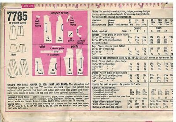 7785 Vintage Simplicity Sewing Pattern Girls Jumper Top Skirt