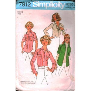 May include: A Simplicity sewing pattern envelope 7912 for size 10 miss. The cover features illustrations of three shirt styles: a pink striped button-down with chest pockets, a long-sleeved white blouse, and a green button-down shirt over a white top.