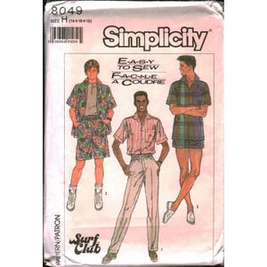 May include: Simplicity sewing pattern 8049, size H (14+16+18), titled Surf Club. The envelope features illustrations of three outfits: a tropical print shirt and shorts set, a striped button-down shirt with trousers, and a plaid shirt with shorts.