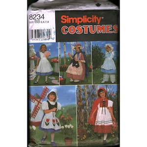 Puede incluir: Patrón de costura Simplicity Costumes. El paquete presenta imágenes de niños con varios disfraces, incluyendo Caperucita Roja, una niña holandesa y una niña con un vestido de Alicia en el País de las Maravillas. La talla del patrón es BB 5,6,7,8.