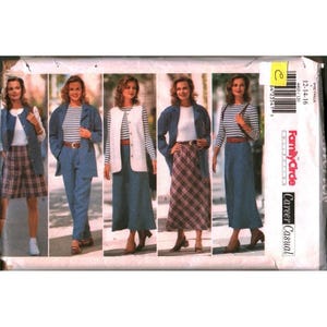 May include: A sewing pattern envelope for the Family Circle Career Casual collection, featuring five variations of outfits including blazers, vests, skirts, and trousers. The package displays sizes 12-14-16 and includes the text Family Circle.