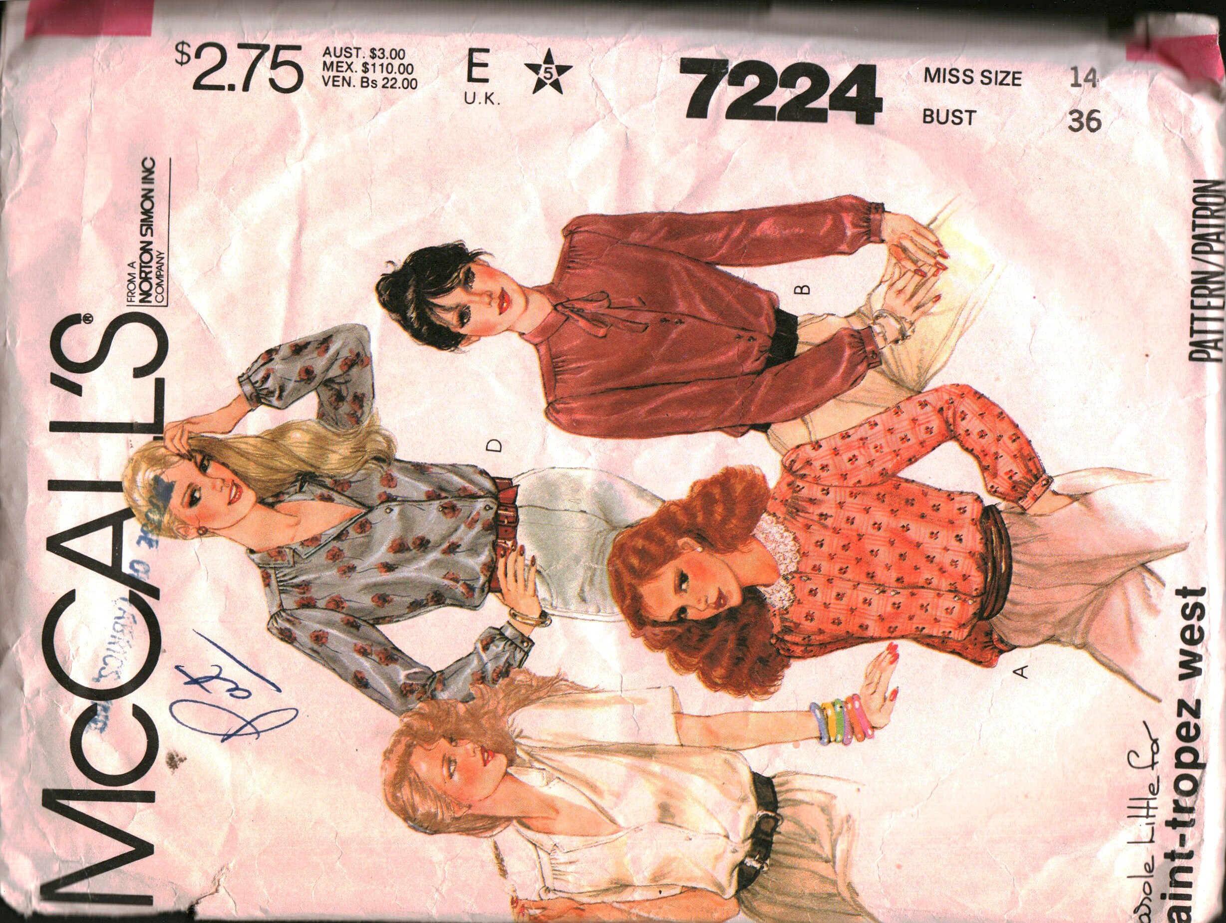 7224 Vintage McCalls Pattern Misses' Blouses SEWING OOP