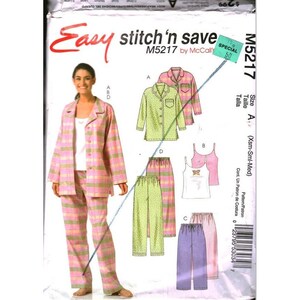 May include: A sewing pattern envelope for Easy stitch 'n save M5217 by McCall's. The front shows a person wearing a pink and green plaid pajama set, with illustrations of various pajama tops and bottoms labeled A, B, and C in different patterns.
