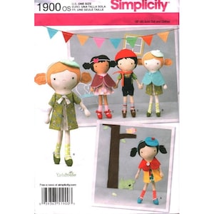 May include: A Simplicity sewing pattern envelope 1900 for 45.5cm dolls and clothes. The cover features illustrations of five fabric dolls with various hairstyles, wearing colourful dresses, capes, overalls, and hats, displayed against a backdrop.