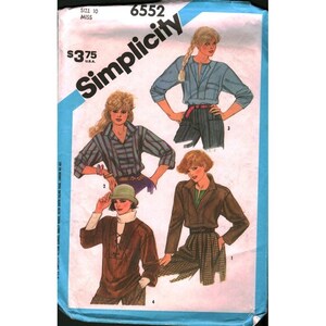 May include: A Simplicity sewing pattern envelope, number 6552, size 10 miss. The front displays illustrations of four different shirt and pant outfits, including a blue button-down, a striped shirt, a brown lace-up top, and a brown jacket with plaid pants.