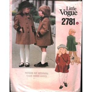 May include: Little Vogue 2781 sewing pattern envelope featuring illustrations of children wearing coats. The front shows two children in brown tweed coats with dark collars and a third child in a red coat with a hat, accompanied by a dog.