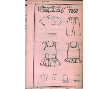 May include: A pink Simplicity 7267 sewing pattern envelope featuring line drawings of a short-sleeved t-shirt with a chest pocket, elastic-waist pants, and a sleeveless dress with a ruffled hem and two front pockets, labeled page 1 of 3.