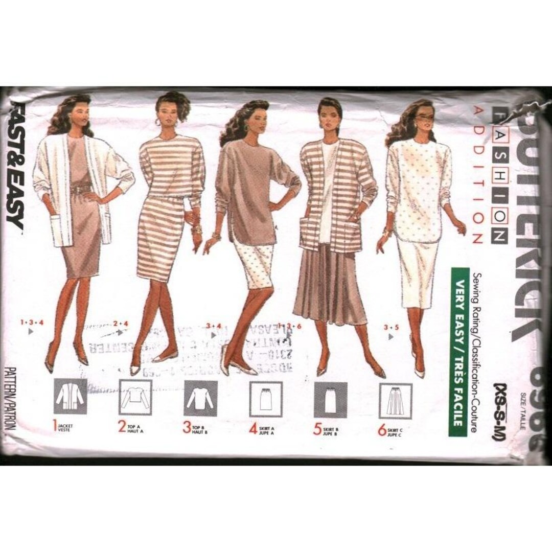 Vintage 1988 Butterick 6966 Sewing Pattern Misses Jacket Top Skirt Size ...
