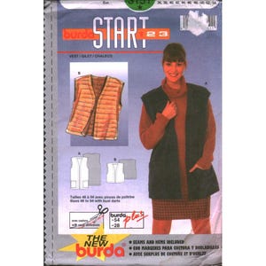 May include: A Burda Start 23 sewing pattern for a vest. The pattern includes sizes 46 to 54 with bust darts. The image shows a woman wearing a vest and a diagram of the vest. The pattern includes seam and hem allowances.