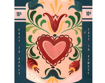 Calcomanía vintage Meyercord, arte popular, corazón floral, decoración del hogar de mediados de siglo, Chicago 10c