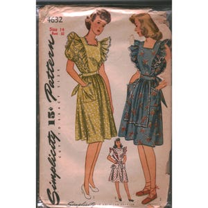 Könnte beinhalten: Ein Vintage-Schnittmusterumschlag von Simplicity 4632 für ein Kleid mit Rüschenärmeln und Taillenband. Die Abbildung zeigt ein gelbes Blumenkleid und ein blaues Blumenkleid, beide mit Taschen, in Größe 14 mit einem Brustumfang von 81 cm.