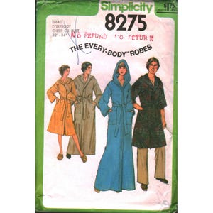 May include: A Simplicity 8275 sewing pattern envelope for The Every-Body Robes, featuring illustrations of four hooded robes in orange, tan, blue, and a dark patterned fabric. The text includes "Small," "Chest or Bust 32-34 inches," and "No Refund No Return."