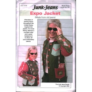 Puede incluir: Un patrón de costura para una chaqueta Expo hecha de vaqueros viejos. El patrón presenta un diseño holgado con cuello redondo, ideal para lucir bordados. La imagen incluye una foto de la chaqueta y el texto "Junk-Jeans Expo Jacket."