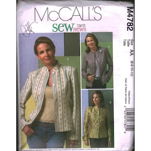 May include: McCall's M4782 sewing pattern envelope for a jacket in size AA (6-8-10-12). The front displays three variations of a long-sleeved jacket with a mandarin collar and button front closure, featuring striped, textured, and floral fabric designs.