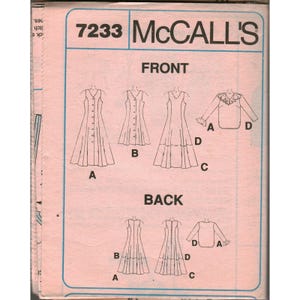 May include: A McCall's sewing pattern, number 7233, featuring illustrations of dresses and a blouse. The front view shows three dress designs and a blouse with a ruffled collar. The back view shows the dress designs. The pattern is on a pink background.