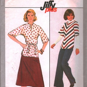 May include: Simplicity sewing pattern number 8317 for a Jiffy Plus top and skirt. The pattern is sized for stretch knits only. The pattern shows two women wearing the garments. One woman is wearing a red and white polka dot top with a red belt and a burgundy skirt. The other woman is wearing a red, white, and blue striped top with blue pants.