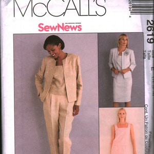 May include: McCall's SewNews pattern number 2619 for a women's suit with a jacket, pants, and a sleeveless dress. The suit is beige and the dress is pink.