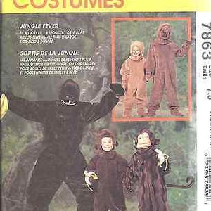 May include: Sewing pattern for jungle animal costumes. The pattern includes instructions for making a gorilla, monkey, and a smaller monkey costume. The pattern is from McCall's Costumes and is numbered 7863.