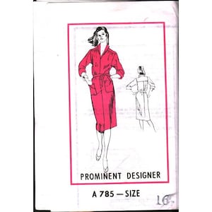 May include: A vintage sewing pattern featuring a red dress design with a collared neckline, pockets, and a belt. The pattern includes a front view illustration and a back view sketch. The text reads "PROMINENT DESIGNER" and "A 785 - SIZE 16".