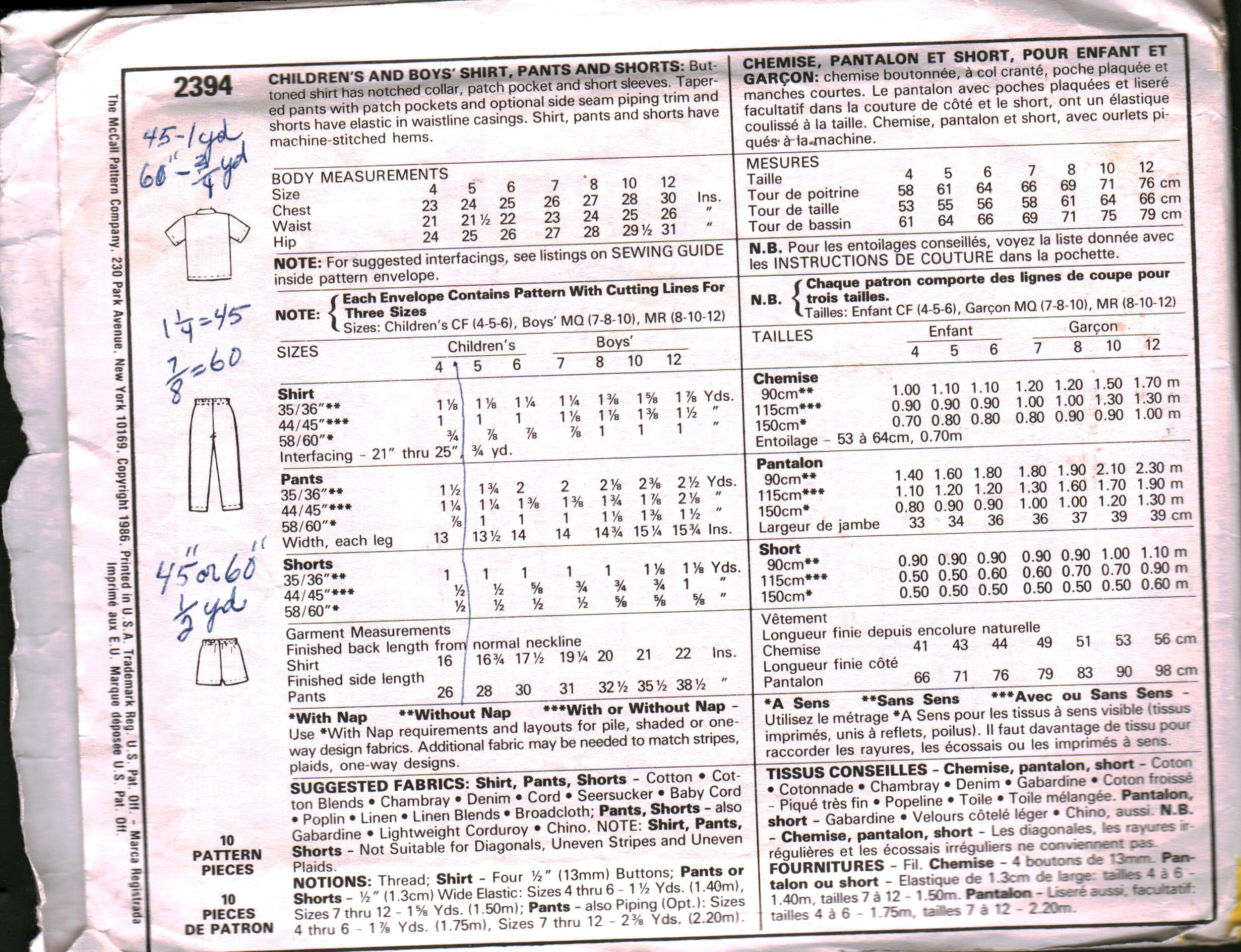 2394 Vintage Mccalls SEWING Pattern Childrens' Boys' Shirt Pants Shorts ...