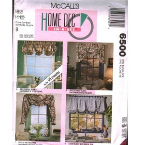 May include: McCall's Home Dec pattern envelope 6500 featuring four window valance designs: a plaid mock federal valance, a ruffled swag valance, a floral ruffled one-piece swag, and a cloud valance with ribbon trim, all displayed on windows.