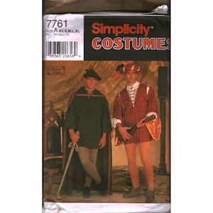 May include: Simplicity Costumes pattern 7761 for sizes XS, S, M, L, XL. The package features illustrations of two outfits: a dark green tunic with a cape and sword, and a red patterned tunic with a matching hat and a lute instrument.